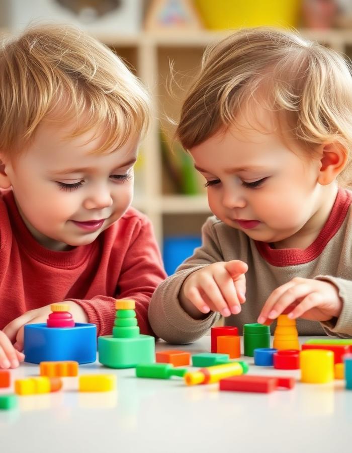 Two toddlers building together with wooden blocks
